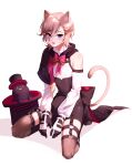  1boy :p absurdres animal_ears annidrw black_gloves black_headwear blonde_hair bow cat_ears cat_tail facial_mark genshin_impact gloves hat highres long_sleeves lyney_(genshin_impact) male_focus short_hair smile solo tail teardrop_facial_mark thigh-highs tongue tongue_out top_hat violet_eyes 