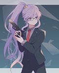  1girl absurdres commission commissioner_upload fire_emblem fire_emblem:_genealogy_of_the_holy_war glasses gun hair_ornament highres holding holding_gun holding_weapon ishtar_(fire_emblem) jewelry long_hair necktie non-web_source purple_hair skeb_commission solo suit very_long_hair violet_eyes weapon 