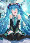  1girl arm_tattoo black_skirt black_thighhighs blue_hair closed_eyes commentary detached_sleeves hatsune_miku headpat headphones highres long_hair miniskirt open_mouth pov pov_hands sitting skirt smile solo_focus tattoo tears thigh-highs twintails tyouya very_long_hair vocaloid wariza wide_sleeves zettai_ryouiki 