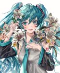  1girl absurdly_long_hair aqua_eyes aqua_hair aqua_nails aqua_necktie bare_shoulders black_sleeves breasts collared_shirt da_(50513604) daisy detached_sleeves eyelashes fingernails floating_hair flower grey_shirt hair_between_eyes hair_flower hair_ornament hands_up hatsune_miku headset highres leaf light_blush lily_(flower) long_hair necktie number_tattoo open_mouth pink_flower pink_rose rose shirt shoulder_tattoo sidelocks sideways_glance simple_background sleeveless sleeveless_shirt small_breasts solo tareme tattoo twintails upper_body very_long_hair vocaloid white_background white_flower wide_sleeves yellow_flower 