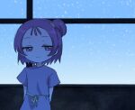  1girl arms_behind_back closed_mouth half-closed_eyes lolowv looking_at_viewer ojamajo_doremi one_side_up purple_hair purple_shirt ribbon segawa_onpu shirt short_hair short_sleeves sky smile solo standing upper_body violet_eyes window 