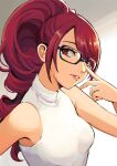  1girl adjusting_eyewear bare_shoulders drill_hair drill_ponytail english_commentary glasses highres kirijou_mitsuru kuki_tan looking_at_viewer parted_lips persona persona_3 ponytail rectangular_eyewear red_eyes redhead smile solo teeth upper_body 