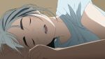  1girl blush closed_eyes hai_wei highres kimi_wa_houkago_insomnia lying magari_isaki on_side open_mouth sepia_background shirt short_hair simple_background sleeping solo t-shirt 