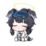  1girl :&lt; animal_ears bare_shoulders black_hair blue_archive blush breasts cheerleader chibi closed_eyes closed_mouth crop_top dog_ears dog_girl dog_tail goggles goggles_on_head halo hibiki_(blue_archive) hibiki_(cheer_squad)_(blue_archive) long_hair looking_at_viewer millennium_cheerleader_outfit_(blue_archive) official_alternate_costume paw_print simple_background skirt solo star_sticker sticker_on_arm sticker_on_face sunglasses sweatdrop tail white_background yukki_bunny 