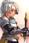  1girl armor braid chris_lightfellow closed_mouth dated earrings eggru french_braid gensou_suikoden gensou_suikoden_iii gloves jewelry lips long_hair simple_background solo sword violet_eyes weapon white_hair 
