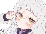  1girl absurdres book close-up glasses highres hololive long_sleeves looking_at_viewer necktie smile usa_mishin virtual_youtuber white_hair 