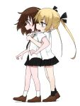  2girls blonde_hair blush brown_eyes brown_hair fusuma_(suwaru_boom) hair_ribbon highres hug hug_from_behind kill_me_baby long_hair multiple_girls necktie open_mouth oribe_yasuna pleated_skirt ribbon school_uniform shirt short_hair simple_background skirt sonya_(kill_me_baby) twintails white_background white_shirt yuri 