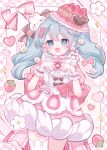  1girl :d absurdres artist_name black_bow blue_eyes blue_hair blush bow center_frills cowboy_shot diamond_(shape) dress earrings flower flower_earrings food frilled_shirt frills fruit hair_between_eyes hair_bow hatsune_miku heart heart_hands highres jewelry legs_together looking_at_viewer open_mouth pink_bow pink_dress pink_headwear raised_eyebrows shirt short_dress sidelocks smile solo straight-on strawberry twintails vocaloid white_flower white_shirt yukomeow 
