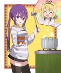  2girls :d ^_^ black_hairband black_shorts black_thighhighs blonde_hair blunt_bangs blush border breasts closed_eyes collarbone commentary_request cooking_pot counter cowboy_shot emphasis_lines flower food gochuumon_wa_usagi_desu_ka? grey_sweater hair_between_eyes hair_ornament hairband hairclip happy highres holding holding_ladle kirima_syaro ladle long_hair long_sleeves looking_at_viewer medium_breasts mohei multiple_girls open_mouth purple_hair shirt short_hair short_shorts shorts sidelocks smile sparkle standing steam stove striped striped_sweater sweater tedeza_rize thigh-highs twintails two-tone_sweater violet_eyes white_border white_shirt yellow_background 
