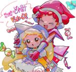  &gt;_&lt; 2girls :d blonde_hair blush candy closed_eyes commentary copyright_name double_bun dress earrings food gloves hair_bun hand_up harukaze_doremi hat hug hug_from_behind jewelry long_hair looking_at_another magical_girl makihatayama_hana multiple_girls ojamajo_doremi open_mouth outstretched_arm pink_dress pink_gloves pink_headwear puffy_short_sleeves puffy_sleeves redhead short_hair short_sleeves smile twintails very_long_hair white_dress white_gloves white_headwear wing_hair_ornament witch_hat yuta_(mrq182) 
