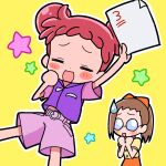  2girls :d arm_up blush blush_stickers bow brown_hair closed_eyes double_bun fujiwara_hazuki glasses grey_shorts hair_bow hair_bun hand_up hands_up harukaze_doremi holding holding_paper hood hooded_jacket jacket long_hair multiple_girls ojamajo_doremi opaque_glasses orange_bow orange_skirt outline paper pink_shirt purple_jacket redhead round_eyewear shirt short_bangs short_hair short_sleeves shorts skirt sleeveless sleeveless_jacket smile snsk1875 standing star_(symbol) sweatdrop t-shirt white_outline yellow_background yellow_shirt 