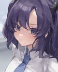  1girl blue_archive blue_necktie blurry collared_shirt commentary depth_of_field highres long_hair long_sleeves looking_at_viewer nanami_(u_nanamiii) necktie parted_bangs purple_hair school_uniform shirt sidelocks simple_background solo summer_uniform triangle_hair_ornament two_side_up violet_eyes white_shirt yuuka_(blue_archive) 