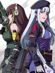  2girls beret blunt_bangs brown_eyes brown_hair call_of_duty call_of_duty:_mobile case clothes_around_waist cosplay dusk_(call_of_duty:_mobile) facial_mark girls_frontline gloves green_eyes green_hair grey_hair gun hair_ornament hat headphones highres hk416_(girls&#039;_frontline) hk416_(girls&#039;_frontline)_(cosplay) holding holding_weapon jacket jacket_around_waist kestrel_(call_of_duty:_mobile) long_hair long_sleeves looking_at_viewer m4a1_(girls&#039;_frontline) m4a1_(girls&#039;_frontline)_(cosplay) m4a1_(mod3)_(girls&#039;_frontline) multicolored_hair multiple_girls oyenpaws particle_cannon_case rifle streaked_hair weapon 