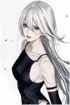  1girl a2_(nier:automata) android bare_shoulders blue_eyes collarbone d.k elbow_gloves gloves hair_between_eyes lips long_hair looking_at_viewer mole mole_under_mouth nier:automata nier_(series) solo upper_body white_background white_hair 