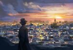  1boy building cathedral chinese_commentary city city_lights cityscape clouds commentary_request dusk from_behind hat highres horizon jacket klein_moretti looking_afar lord_of_the_mysteries maikelaien ocean shirt short_hair silhouette solo sun sunset white_shirt 