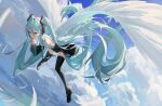  1girl absurdres aqua_eyes aqua_hair aqua_nails aqua_necktie black_skirt black_sleeves black_thighhighs clouds day detached_sleeves feathered_wings hatsune_miku headphones headset highres long_hair midair necktie outdoors pleated_skirt skirt sky solo suye thigh-highs twintails very_long_hair vocaloid wings 