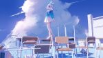  1girl absurdres arona_(blue_archive) blue_archive blue_eyes blue_hair blue_halo blue_shirt blue_sky chair clouds cloudy_sky colored_inner_hair commentary cumulonimbus_cloud day desk full_body hair_over_one_eye hair_ribbon halo hayama_salt highres long_sleeves looking_at_viewer multicolored_hair one_eye_covered open_mouth outdoors pink_hair ribbon school_chair school_desk school_uniform serafuku shirt shoes short_hair skirt sky smile solo standing white_ribbon white_skirt 
