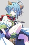  1boy animal_ears blue_eyes blue_hair book cat_ears cota lab_coat leon_geeste looking_at_viewer male_focus open_mouth pointy_ears short_hair shorts simple_background solo star_ocean star_ocean_the_second_story 