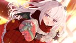  1girl ahoge blush commission demon_girl demon_wings gift heart highres loli original red_eyes scarf shiro9jira skeb_commission white_hair wings 