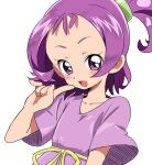  1girl :d blush commentary_request finger_to_mouth hair_tie hand_up highres kaoryu-kun looking_at_viewer ojamajo_doremi open_mouth purple_hair purple_shirt ribbon segawa_onpu shirt short_hair short_sleeves side_ponytail simple_background smile solo upper_body violet_eyes white_background yellow_ribbon 