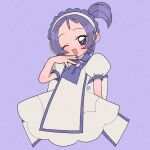  1girl ;d blush commentary_request dress hand_up looking_at_viewer ojamajo_doremi one_eye_closed open_mouth puffy_short_sleeves puffy_sleeves purple_background purple_hair purple_scarf scarf segawa_onpu shirokuma_(bluuuuue7_ao) short_hair short_sleeves side_ponytail simple_background smile solo violet_eyes white_dress 