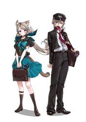  1boy 1girl absurdres alternate_costume animal_ear_fluff animal_ears bag black_footwear black_headwear black_jacket black_pants black_sailor_collar black_socks blue_skirt bow bowtie card cat_ears cat_girl cat_tail chochomi facial_mark genshin_impact grey_hair hair_between_eyes hat highres jacket kneehighs long_hair long_sleeves lynette_(genshin_impact) lyney_(genshin_impact) mouth_hold pants pleated_skirt sailor_collar school_uniform serafuku short_sleeves simple_background skirt socks standing star_(symbol) star_facial_mark tail teardrop_facial_mark violet_eyes white_background 