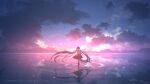  1girl aqua_hair black_skirt clouds from_behind hatsune_miku headphones headset highres long_hair outdoors reflection reflective_water rune_xiao scenery skirt sky soaking_feet solo sunset twintails very_long_hair vocaloid water 