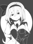  1girl ascot breast_pocket collared_shirt greyscale hairband konpaku_youmu konpaku_youmu_(ghost) looking_at_viewer medium_hair mizuga monochrome necktie pocket shirt short_sleeves solo touhou 