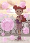  1girl backpack bag bubble chii-kun_(seedyoulater) closed_mouth commentary_request double_bun full_body grey_shorts hair_bun hair_ornament hands_up harukaze_doremi holding_strap looking_at_viewer musical_note musical_note_hair_ornament ojamajo_doremi outdoors pink_socks red_bag redhead shirt shoes short_hair short_sleeves shorts sky sneakers socks solo standing t-shirt 