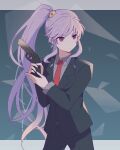  1girl absurdres commission commissioner_upload fire_emblem fire_emblem:_genealogy_of_the_holy_war gun hair_ornament highres holding holding_gun holding_weapon ishtar_(fire_emblem) jewelry long_hair necktie non-web_source purple_hair skeb_commission solo suit very_long_hair violet_eyes weapon 