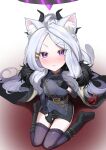  1girl :&lt; ahoge animal_ear_fluff animal_ears armband belt black_coat black_gloves black_skirt black_thighhighs blue_archive boots cat_ears cat_girl cat_tail coat coat_on_shoulders commentary_request demon_girl demon_horns forehead from_above fur-trimmed_coat fur_trim gloves hair_ornament hairclip halo highres hina_(blue_archive) horns kemonomimi_mode knee_boots long_hair long_sleeves looking_at_viewer looking_up military_uniform oomabiblogo2 open_clothes open_coat parted_bangs pencil_skirt red_armband sam_browne_belt side_slit sidelocks simple_background sitting skirt solo tail thigh-highs uniform violet_eyes wariza wavy_hair white_hair zettai_ryouiki 