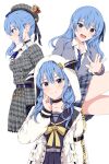  1girl absurdres beret blue_eyes blue_hair blue_shirt blush commentary_request hat highres hololive hoshimachi_suisei hoshimachi_suisei_(1st_costume) hoshimachi_suisei_(4th_costume) jacket konbanwa01 long_hair looking_at_viewer necktie open_mouth shirt side_ponytail simple_background smile solo star_(symbol) star_in_eye symbol_in_eye virtual_youtuber white_jacket yellow_necktie 