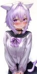  1girl :3 animal_ear_fluff animal_ears belt_collar black_collar black_sailor_collar black_skirt blush bow cat_ears cat_girl cat_tail collar hololive looking_at_viewer medium_hair minoriminoru0 nekomata_okayu purple_bow purple_hair sailor_collar school_uniform serafuku shirt skirt smile solo tail violet_eyes virtual_youtuber white_background white_shirt 