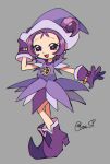  1girl :d commentary_request dress full_body gloves grey_background guruo_(gur_sp) hand_on_headwear hand_up hat looking_at_viewer magical_girl ojamajo_doremi one_side_up open_mouth outstretched_arm pointy_footwear purple_dress purple_footwear purple_gloves purple_hair purple_headwear segawa_onpu short_hair signature simple_background smile solo standing violet_eyes witch_hat 