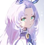  1girl forehead godolphin_barb_(umamusume) green_eyes grey_background highres jacket long_hair looking_at_viewer looking_to_the_side mola_mola parted_bangs parted_lips portrait purple_hair solo umamusume white_background 