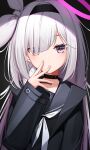  1girl absurdres black_background black_choker black_coat black_eyes black_hairband black_serafuku black_shirt blue_archive choker closed_mouth coat colored_inner_hair commentary hair_over_one_eye hair_ribbon hairband halo hand_up highres larg_(shgv2552) long_hair long_sleeves looking_at_viewer multicolored_hair neckerchief pink_hair pink_halo plana_(blue_archive) red_pupils ribbon school_uniform serafuku shirt simple_background solo upper_body white_hair white_neckerchief white_ribbon 