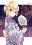  1girl aerial_fireworks aizawa_ema aqua_hair asymmetrical_bangs blonde_hair blue_eyes blue_kimono blunt_bangs blush closed_mouth fireworks floral_print floral_print_kimono flower from_side gradient_hair hair_flower hair_ornament hair_over_one_eye hand_fan highres holding holding_fan japanese_clothes kimono looking_at_viewer looking_to_the_side multicolored_hair obi paper_fan print_kimono sash smile solo uchiwa upper_body virtual_youtuber vspo! yukata yukijirushi_e 