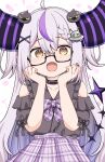  1girl absurdres black-framed_eyewear black_nails blush frilled_shirt frills glasses grey_hair hair_ornament highres hololive horns kyabetsu_ningen la+_darknesss long_hair looking_at_viewer multicolored_hair nail_polish open_mouth pink_skirt pointy_ears purple_hair purple_shirt shirt skirt smile solo streaked_hair upper_body virtual_youtuber x_hair_ornament 