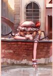  1girl absurdres arm_support blonde_hair building commentary crystal english_commentary flandre_scarlet hat hat_ribbon highres mob_cap one_side_up outdoors red_eyes red_ribbon ribbon solo top-exerou touhou white_headwear wings wrist_cuffs 