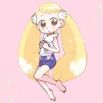  1girl barefoot blonde_hair blue_shorts blush brown_eyes commentary_request floral_print full_body highres long_hair looking_at_viewer makihatayama_hana ojamajo_doremi own_hands_together pink_background rapisu shirt shorts solo twintails very_long_hair white_shirt wing_hair_ornament 