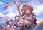  1girl ahoge animal_ears arknights black_skirt brown_hair closed_mouth clouds cloudy_sky cowboy_shot day eyjafjalla_(arknights) eyjafjalla_the_hvit_aska_(arknights) hair_ornament holding holding_staff horns ichita_(yixisama-shihaohaizhi) jacket long_hair long_sleeves looking_at_viewer open_clothes open_jacket outdoors purple_shirt red_eyes sheep_ears sheep_girl sheep_horns shirt skirt sky solo staff very_long_hair wavy_hair white_jacket windmill 