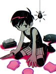  1boy animal black_cat black_eyes black_hair black_shirt black_socks black_tank_top cat collarbone dot_nose food hanging_light highres holding holding_knife kneehighs kneeling knife light_bulb male_focus menma_(enaic31) omori omori_(omori) shirt shorts simple_background socks solo striped striped_shorts tank_top tissue_box toast white_background 