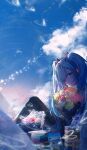  1girl aoi-_(yooseina) bare_shoulders black_skirt black_thighhighs blue_eyes blue_hair blue_sky bouquet bug butterfly cd_case closed_mouth clouds cloudy_sky commentary curtains detached_sleeves dusk english_commentary evening eyes_visible_through_hair feet_out_of_frame flower from_side hair_over_one_eye hatsune_miku headset highres holding holding_bouquet indoors knee_up long_hair long_sleeves looking_at_viewer number_tattoo pink_flower pleated_skirt reflection shirt sidelocks sitting skirt sky sleeveless sleeveless_shirt smile solo star_trail tattoo thigh-highs twintails very_long_hair vocaloid white_flower white_shirt window yellow_flower 