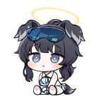  1girl :&lt; animal_ears bare_shoulders black_hair blue_archive blue_eyes blush breasts cheerleader chibi closed_mouth crop_top dog_ears dog_girl dog_tail goggles goggles_on_head halo hibiki_(blue_archive) hibiki_(cheer_squad)_(blue_archive) long_hair looking_at_viewer millennium_cheerleader_outfit_(blue_archive) official_alternate_costume paw_print simple_background skirt solo star_sticker sticker_on_arm sticker_on_face sunglasses tail white_background yukki_bunny 