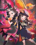  2girls :d :o absurdres black_dress black_gloves black_hair boots breasts brown_eyes brown_hair commentary_request dress dusk_ball fingerless_gloves fire galarian_moltres gloves gonzarez green_eyes hat hat_ornament highres leaf_(champion)_(pokemon) long_hair looking_at_viewer marnie_(champion)_(pokemon) marnie_(pokemon) moltres multiple_girls official_alternate_costume poke_ball pokemon pokemon_(creature) pokemon_(game) pokemon_masters_ex red_nails revision smile tiara twintails 