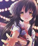  1girl black_hair brown_eyes clannad commentary_request dutch_angle highres ibuki_fuuko japanese_clothes kimono long_hair obi reaching reaching_towards_viewer sash satomi_yoshitaka smile solo upper_body white_kimono yukata 