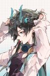  1boy aqua_eyes artist_name black_hair black_shirt closed_mouth dan_heng_(honkai:_star_rail) dan_heng_(imbibitor_lunae)_(honkai:_star_rail) dragon_boy dragon_horns ear_piercing eyeshadow green_horns hair_tie_in_mouth headphones headphones_around_neck highres honkai:_star_rail honkai_(series) horns jacket long_hair long_sleeves makeup male_focus mouth_hold official_alternate_hairstyle pectoral_cleavage pectorals piercing pointy_ears profile red_eyeliner red_eyeshadow shirt signature solo tying_hair upper_body white_jacket yeurei 