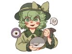  1girl animal blush bow brown_bow brown_shirt collared_shirt commentary cropped_torso eyeball ezier fish flat_chest frilled_shirt_collar frilled_sleeves frills green_eyes green_hair grey_headwear hair_between_eyes hat hat_bow highres holding holding_animal holding_fish komeiji_koishi long_sleeves looking_at_viewer medium_bangs messy_hair open_mouth sacabambaspis shirt short_hair simple_background smile solo third_eye touhou triangle_mouth upper_body white_background 