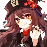  1girl :d black_nails brown_hair chinese_clothes commentary_request flower genshin_impact ghost_pose hair_between_eyes hat hat_flower hat_ornament honi_(honi1010) hu_tao_(genshin_impact) jewelry long_hair long_sleeves looking_at_viewer nail_polish parted_lips porkpie_hat red_eyes ring sidelocks simple_background smile solo symbol-shaped_pupils twintails white_background wide_sleeves 