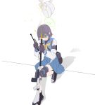  1girl absurdres black_gloves blue_archive blue_sailor_collar blue_skirt english_commentary gloves green_eyes gun halo hat hat_removed headwear_removed highres ichibombu knee_pads ledge long_sleeves medium_hair misfire_(weapon) nervous_sweating open_mouth pleated_skirt purple_hair rifle sailor_collar saki_(blue_archive) scared shirt shoes simple_background sitting skirt sneakers sniper_rifle solo surprised sweat weapon white_background 